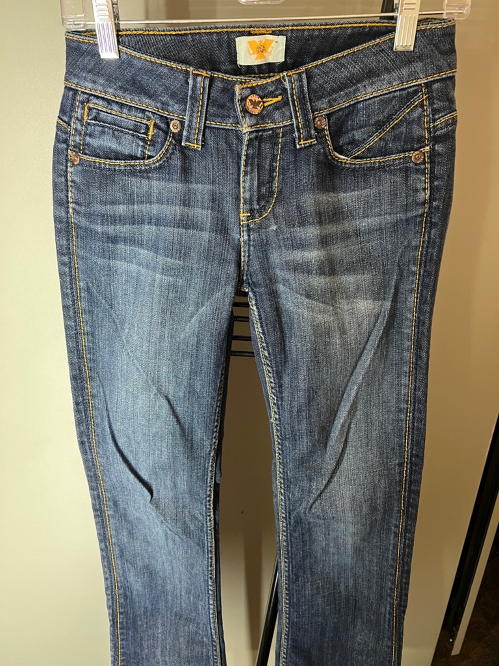 Antik Denim Slim Skinny Jeans in Medium Blue with Yellow Stitching
